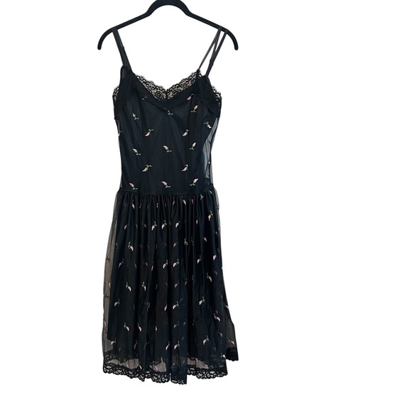 Betsey Johnson Vintage 90s Black Mesh Tulle Dress Pink Floral Embroidered Size S - Picture 4 of 8